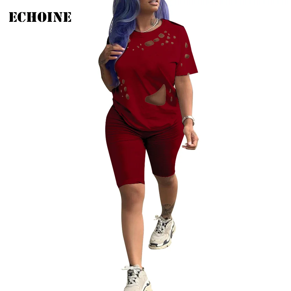 

Women 2 Piece Set Tracksuit Sexy Hole Hollow Out Sweatsuit Slim Bodycon Female Sportwear Club Outfits Shorts Set Summer Set