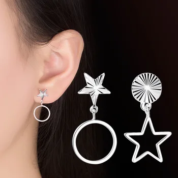 

2pcs Five-pointed Star Silver Earrings Geometric Hollow Round Simple Asymmetry Jewelry Accessories Small Women Earrings Brincos