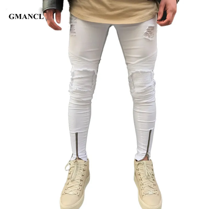 

GMANCL New Ripped Patchwork Zipper Jeans Men Hit Color White Skinny Jeans Beggar Style Attrit Holes Pants Motorcycle Biker Jeans