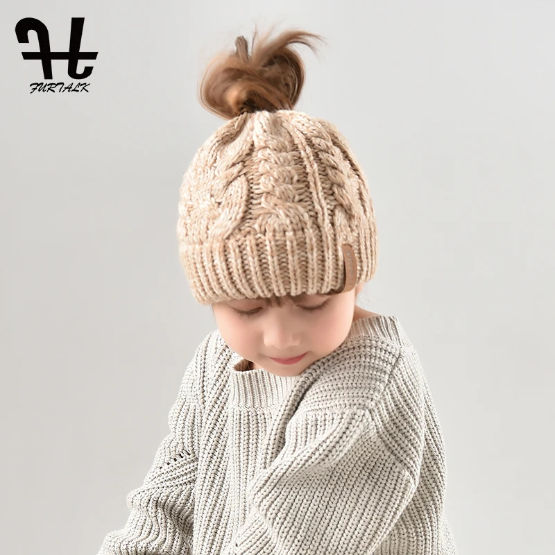 

FURTALK Kids Beanie Hat Warm Winter Girls and Boys Caps High Messy Bun Ponytail Knit Hat for Girls 3-8 Years Chapeu Feminino