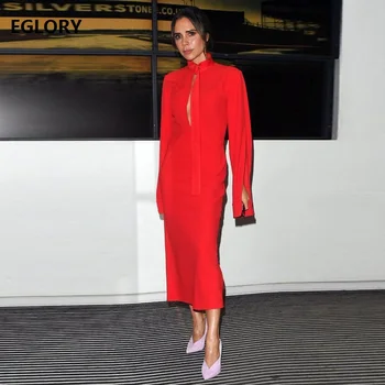 

Long Sleeve Party Mermaid Dresses 2019 Spring Summer Fashion Style Celebrity Women Stand Neck Solid Midi Dress White Black Red