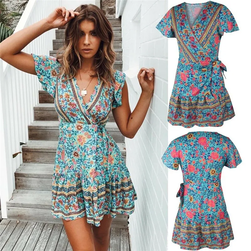 Женское пляжное платье размера плюс, Boho, летнее, с коротким рукавом, с цветочным рисунком, мини платье для женщин, с высокой талией, с v-образным вырезом, платье-туника с поясом на талии - Цвет: Зеленый