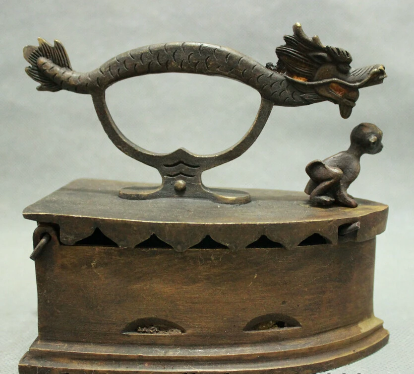 

S3940 Folk Chinese Bronze Dragon Monkey Statue Sadiron Iron Box Incense Burner Censer D0317