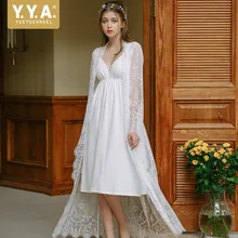 Sping/Высококачественный кружевной женский ночной халат с длинными рукавами, сексуальный длинный ночной халат с v-образным вырезом, комплект из двух предметов, Nuisette Femme De Nuit