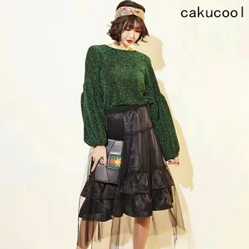 

Cakucool Women Bling Sweatshirt Long Lantern Sleeve Silver Lurex Pullover O-neck Loose Vintage Spring Sweatshirts Hoodies Lady
