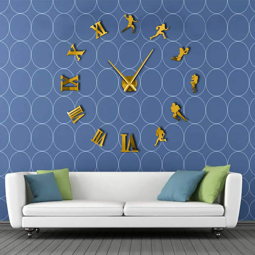 

1Piece American Football Players DIY Large Wall Clock Rugby Fans Sports Frameless Giant Wall Watch 3D Mirror Effect Wall Sticker