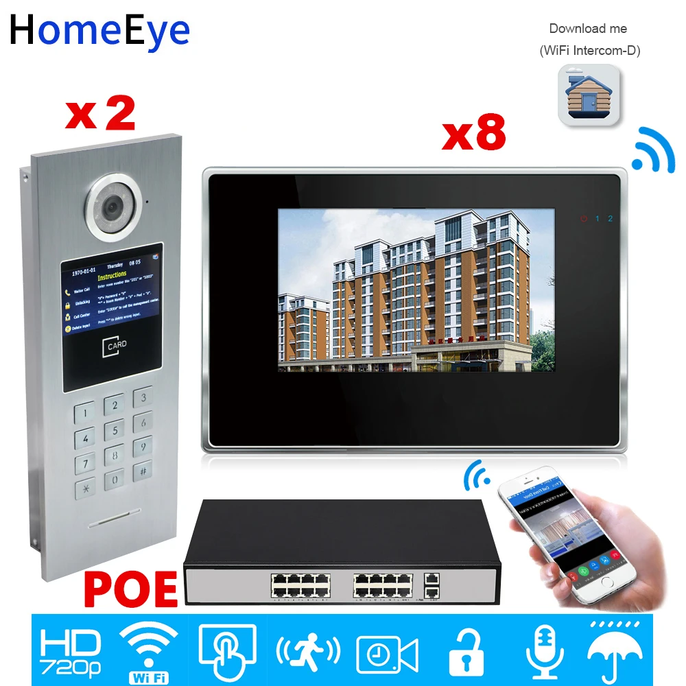 HomeEye 7'' 720P WiFi IP Video Door Phone Smart Video Intercom Home Access Control System Password/RFID Card + POE Switch 2 to 8