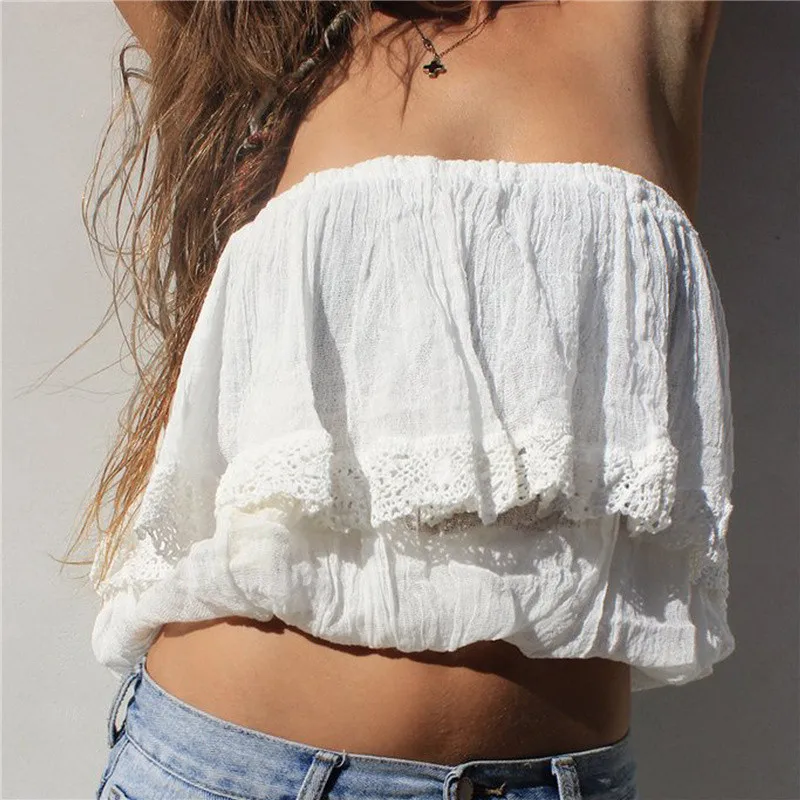 Casual Double Layer Ruched Stitching Lace Hem Strapless Crop Top Women ...