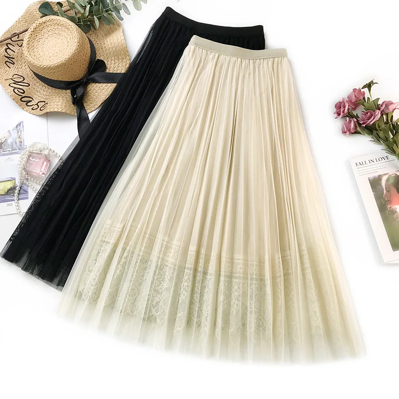 

Wasteheart Black Khaki Sexy Women Skirts High Waist Pleated Ankle-Length Long Skirts Mesh Clothing Vintage Lace A-Line Skirts