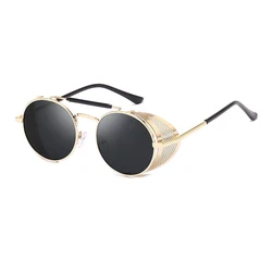 Steampunk Retro Round Metal Sunglasses with UV400 Protection (Gold Grey)