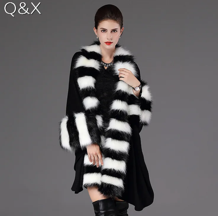 

SC63 Women Party Overcoat Cloak High 2017 Long Winter Imitation Raccoon Fur Collar Knitted Cardigan Cape Cashmere Poncho Shawl