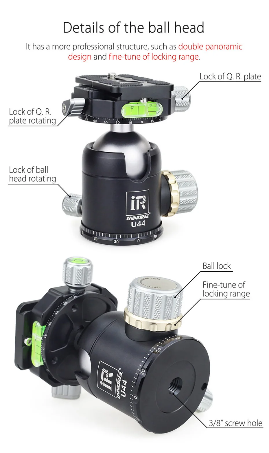 INNOREL U44 сверхмощная двойная панорамная 44 мм шаровая Головка 720 градусов Штативная головка шаровая Головка для камеры совместима с Arca Swiss