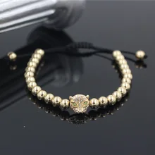 Fashion Gold Color Pave CZ Leopard Head Charm Braiding Mala Bracelet Macrame Knitted Weave Copper Bead Bracelet For Men Women цена Fashion Gold Color Pave CZ Leopard Head Charm Braiding Mala Bracelet Macrame Knitted Weave Copper Bead Bracelet For Men Women цены онлайн
