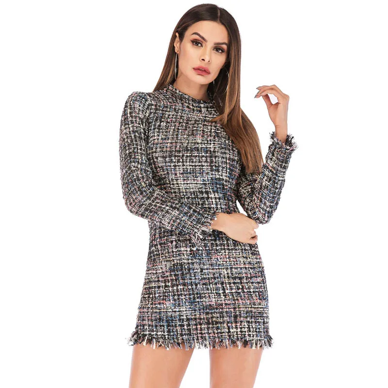 

NORMOV New Autumn Winter Thick Dress Women Vintage Plaid Long Sleeve Turtleneck Mini Dress Party Straight Slim Dress 3 Color