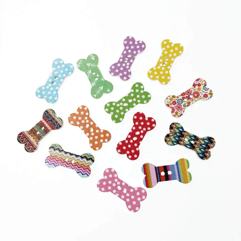 

100Pcs Dog Bone Mixed Wooden Buttons for Clothing Handmade Scrapbooking Craft Wood Button Decorative Sewing Accessories 13*25mm