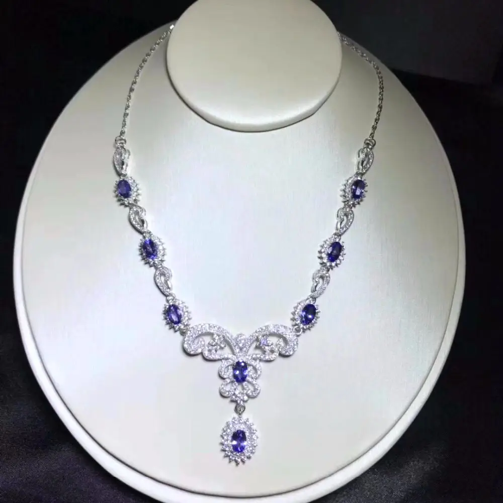 

Uloveido Natural Tanzanite Flower Necklace for Women, 925 Sterling Silver, Platinum Plated, 4*6mm*8 Pcs Gemstone Jewelry FN168