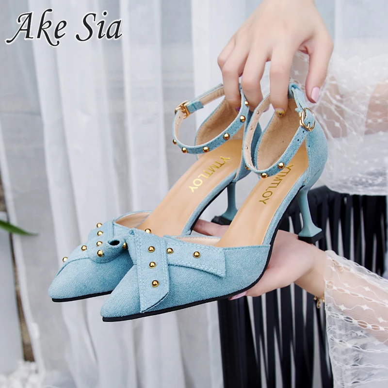 

Word buckle female sandals baotou fine high heel buckle single shoes 2019 new tie bow rivets sandals women