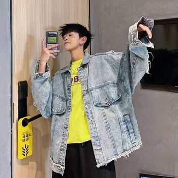 

Spring Vintage Men Blue Jean Jacket Summer Retro Loose Windbreaker Denim Jacket Men Streetwear Hip Hop Block Ropa Hombre 5J49