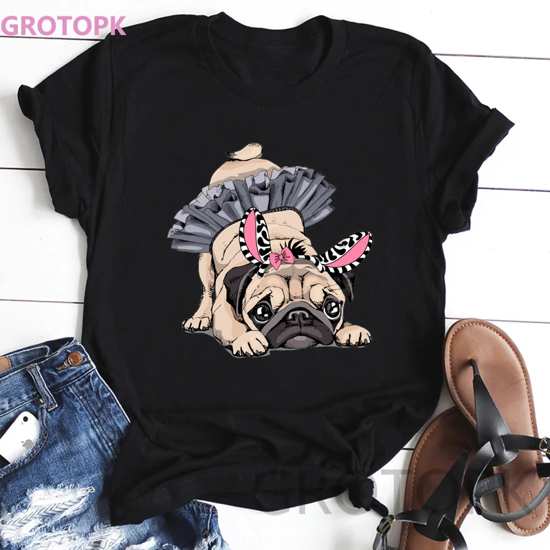 

Cute Ballet Puggie Women Black Tshirt Summer 2019 Short Sleeve Polyester T Shirt Women Clothes 2019 Plus Size T-shirts Harajuku