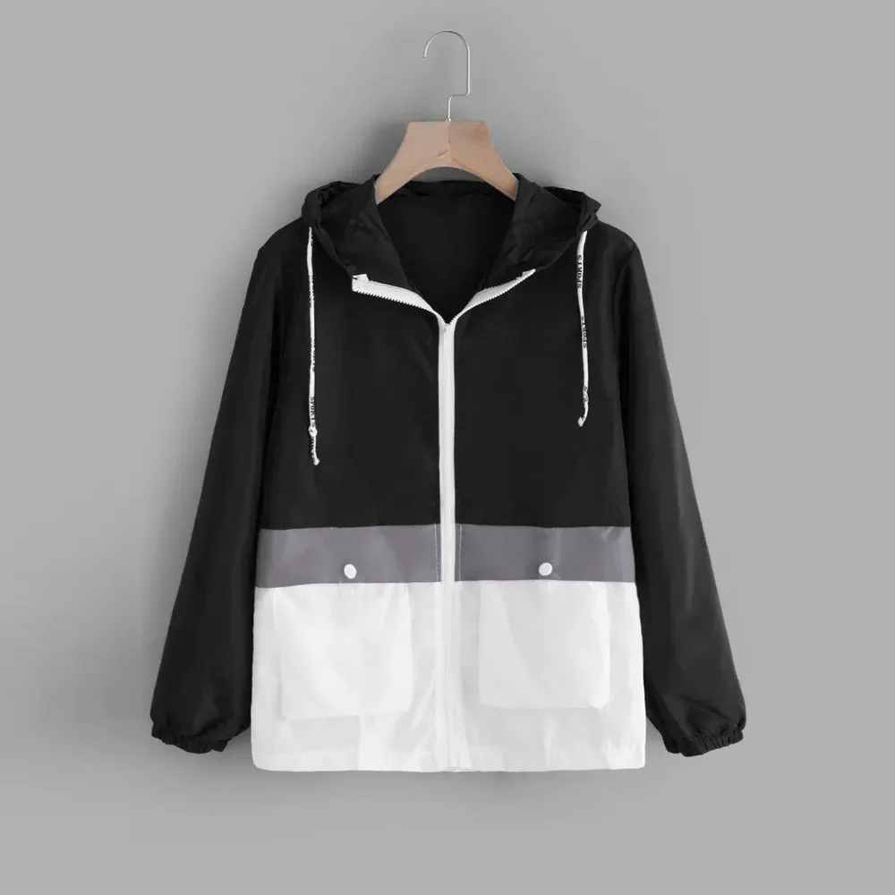 

Fashion Women Long Sleeve Patchwork Thin Skinsuits Hooded Zipper Pockets Autumn Sport Coats And Jacketss For Teenage Girls A25