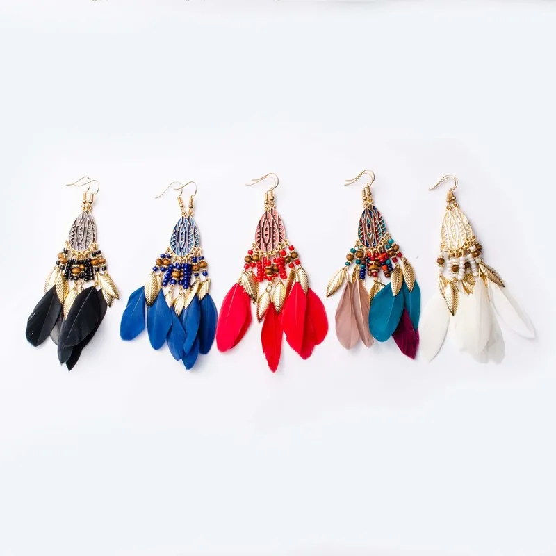 

2019 New Women Earrings Jewelry Long Earrings Colored Feather Drop Earring Lady Statement Earrings Ethnic Style Feather Earrings