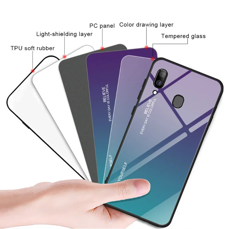 10 шт Для samsung Galaxy A30 A50 A40 A70 чехол с градиентом из закаленного стекла жесткий чехол из мягкого ТПУ силикона рамка твердая стеклянная задняя крышка