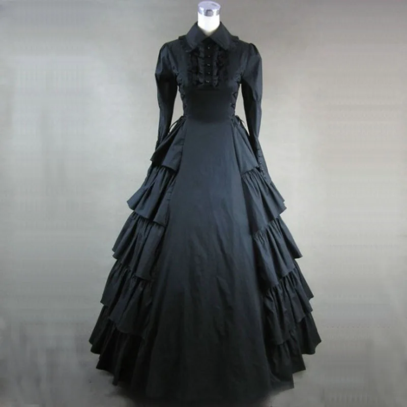 Можно изготовить на заказ модное черное платье с длинными рукавами из хлопка с каскадными оборками, викторианская готика Лолита
