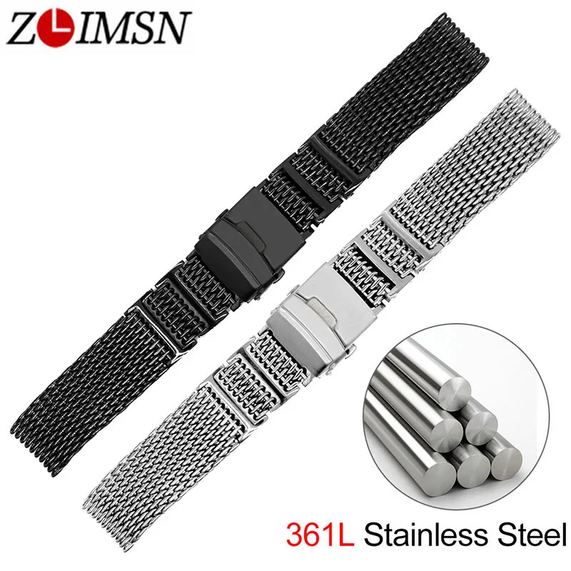 

ZLIMSN New Stylish Mesh Watchband 316 Stainless Steel Black Silver Strap 20mm 22mm 24mm Watches Accessories Watch band