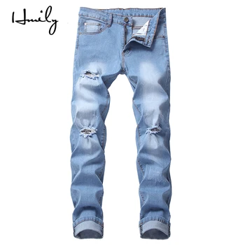 

HMILY New Ripped Mens Jeans Blue Slim Skinny Jeans Stretch Pants Men Trousers Clothes Hip Hop Streetwear Summer Pants Male