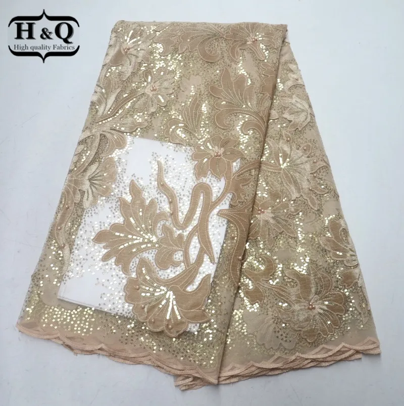 

Latest design France embroidered lace fabric styles High Quality African sequins lace With beads For Wedding dress, cloth 2019