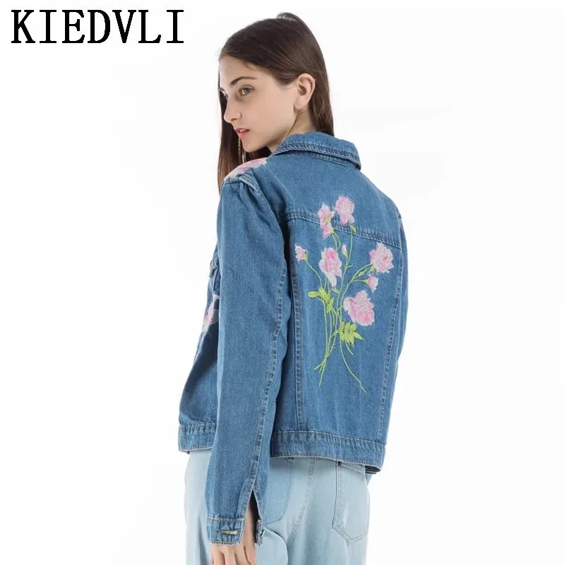 KIEDVLI Spring Autumn Jackets Vinatge Denim Jacket Floral Embroidery Fashion Coat Women Solid Long Sleeve Outwear 9757