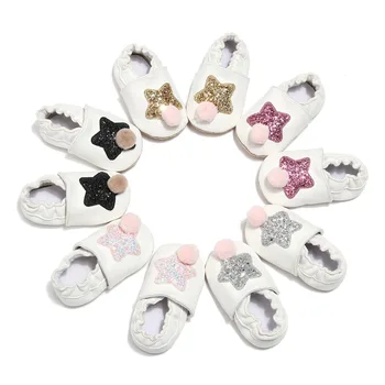 

Toddler Infant Baby Girls PU Leather Shoes Star Pattern With Fur Ball First Walkers Casual shoes Soft Sole Baby Moccasins