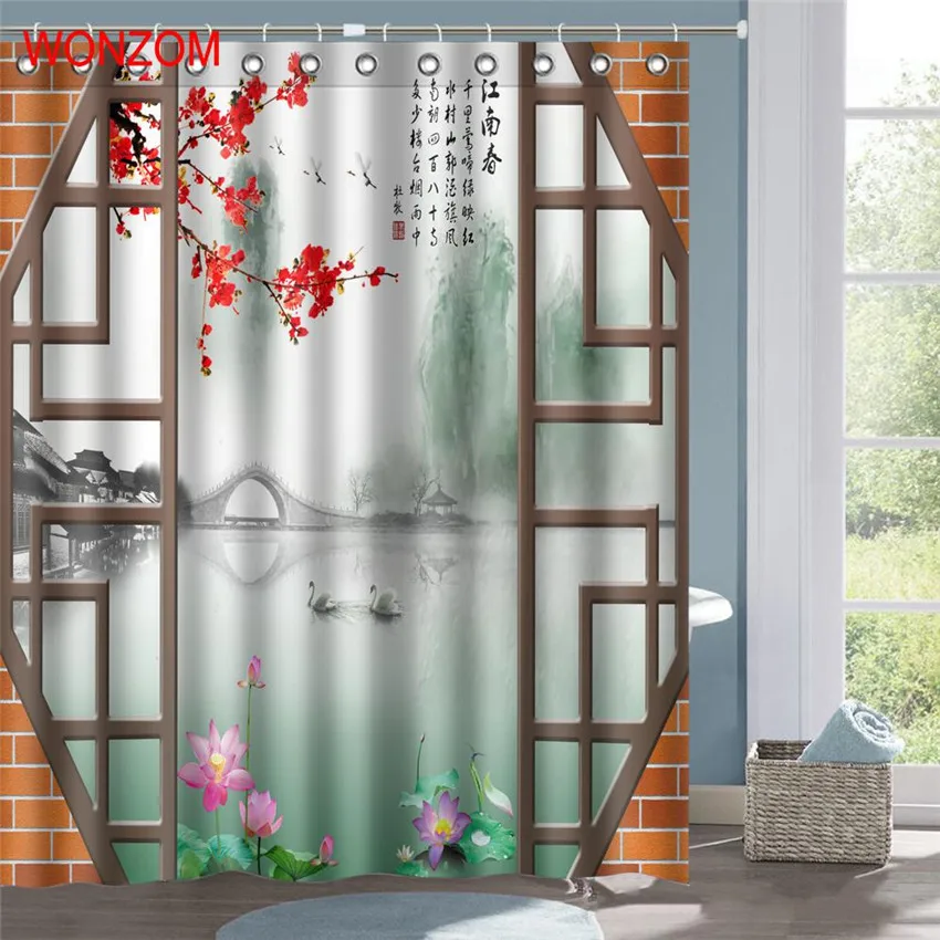 WONZOM Chinese Style Landscape Polyester Fabric Shower Curtain Bathroom
