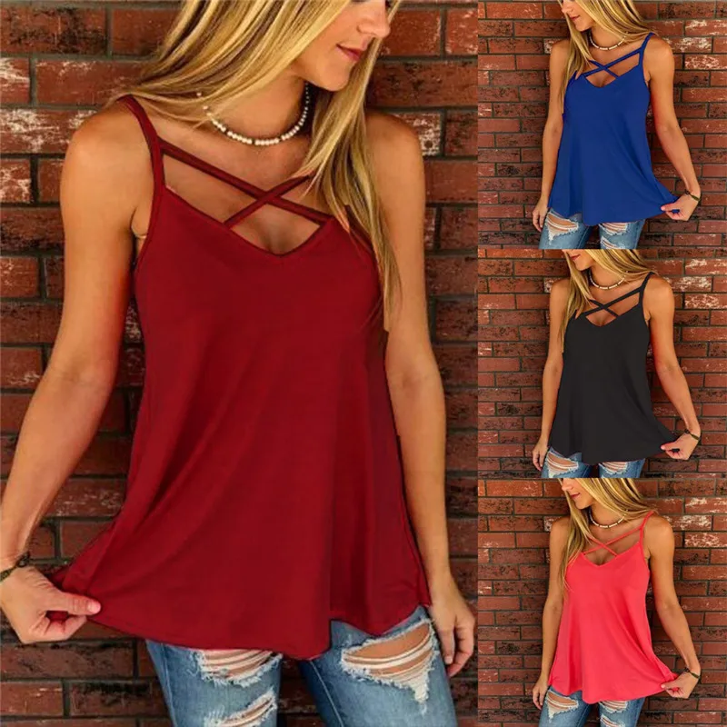 

Women's Sexy Sleeveless Top Fashion Solid Color Halter Chest Cross Vest T-Shirt