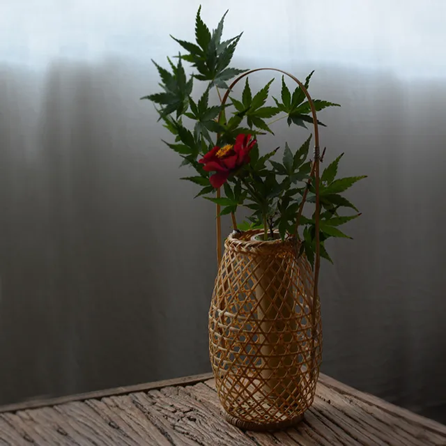 Japan Style Natural Bamboo Weaving Flower Vase Basket Club Teahouse