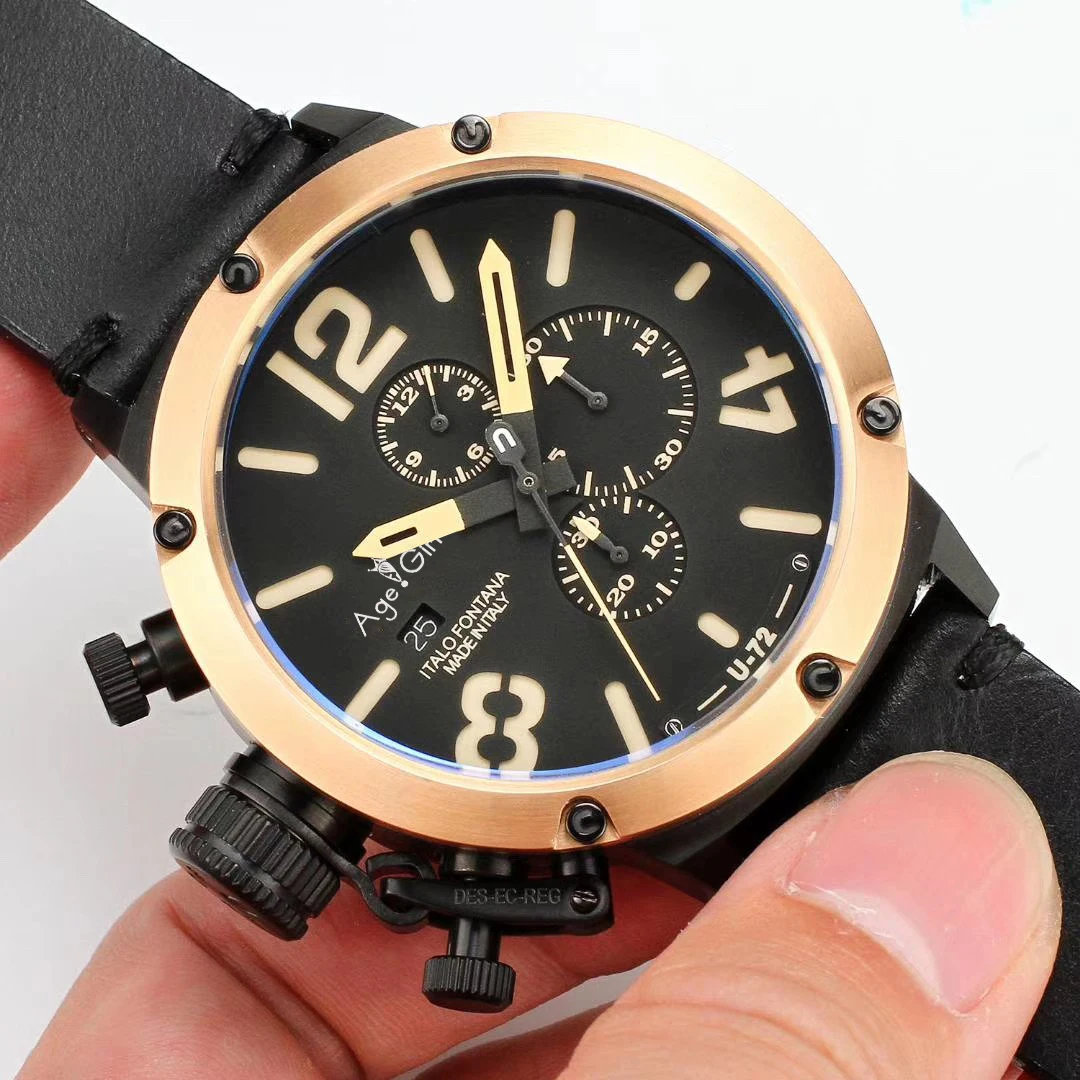 

Brand New Quartz Chronograph Stopwatch Men U CHRONOMETER U1001 U72 Chimera Black Rose Gold Aged Brown Cow Leather Boat Watch AAA