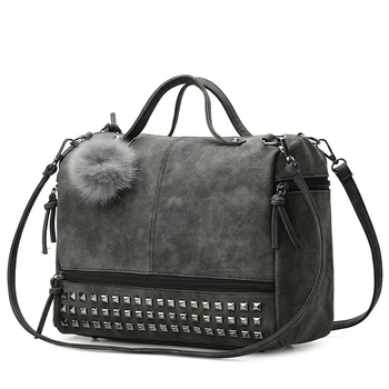 

HairBall Shoulder Bags for women Motorcycle Messenger Bag Vintage Leather Nubuck Female handbags Rivet Larger Women Bag bolsa