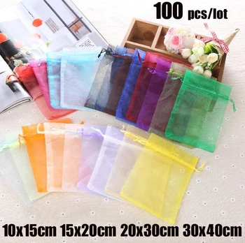 

100 pcs/lot Organza bag Drawstring Gift Bags Wedding Favor Bags Pouches Bundle pockets Pure Yarn bag