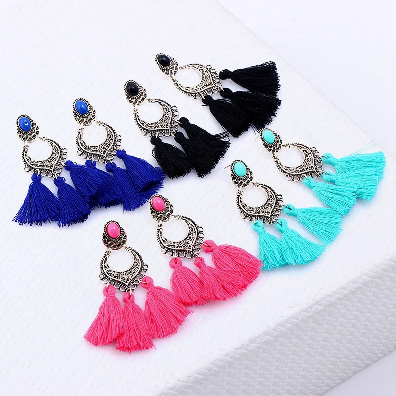 Ethnic Bohemian Tassel Earrings Pink Earings Fashion Jewelry Silk Fabric Boho Long Drop Dangle