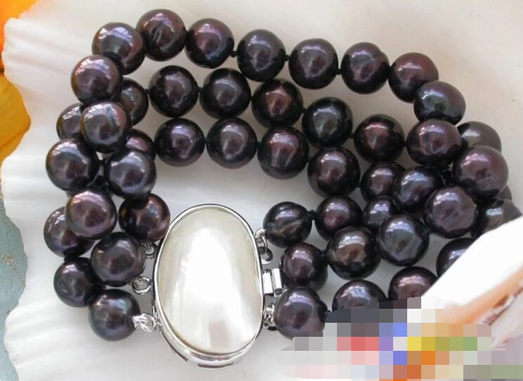 

0641 3row 8" black round FRESHWATER PEARL bracelet mabe