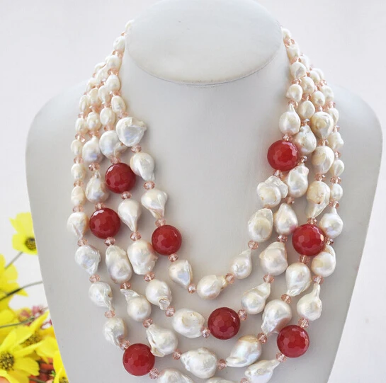 

bjc 0002385 4row white baroque keshi reborn pearl red jade crystal NECKLACE (C0309)