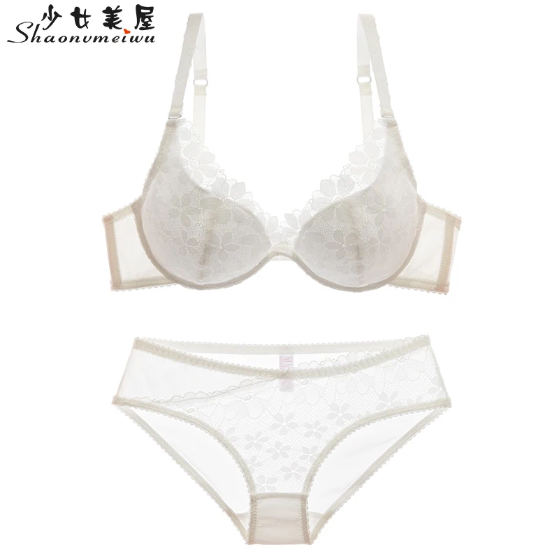 Girly sexy lace bra fashion thin small chest gathered underwear set temptation bra bra and knicker sets Bra & Brief Sets