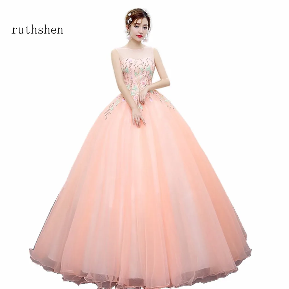 

ruthshen Pink Ball Gown Prom Dresses 2018 New Flowers Embroidery Long Vestido Formatura Evening Gowns Real Photo
