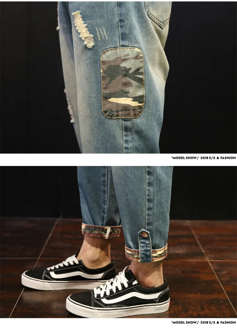 Fashion Patchwork Ripped Men\'s Jeans Boys Loose Casual Holes Ankle-Length Harem Pants Jeans Trousers Large Size (11)