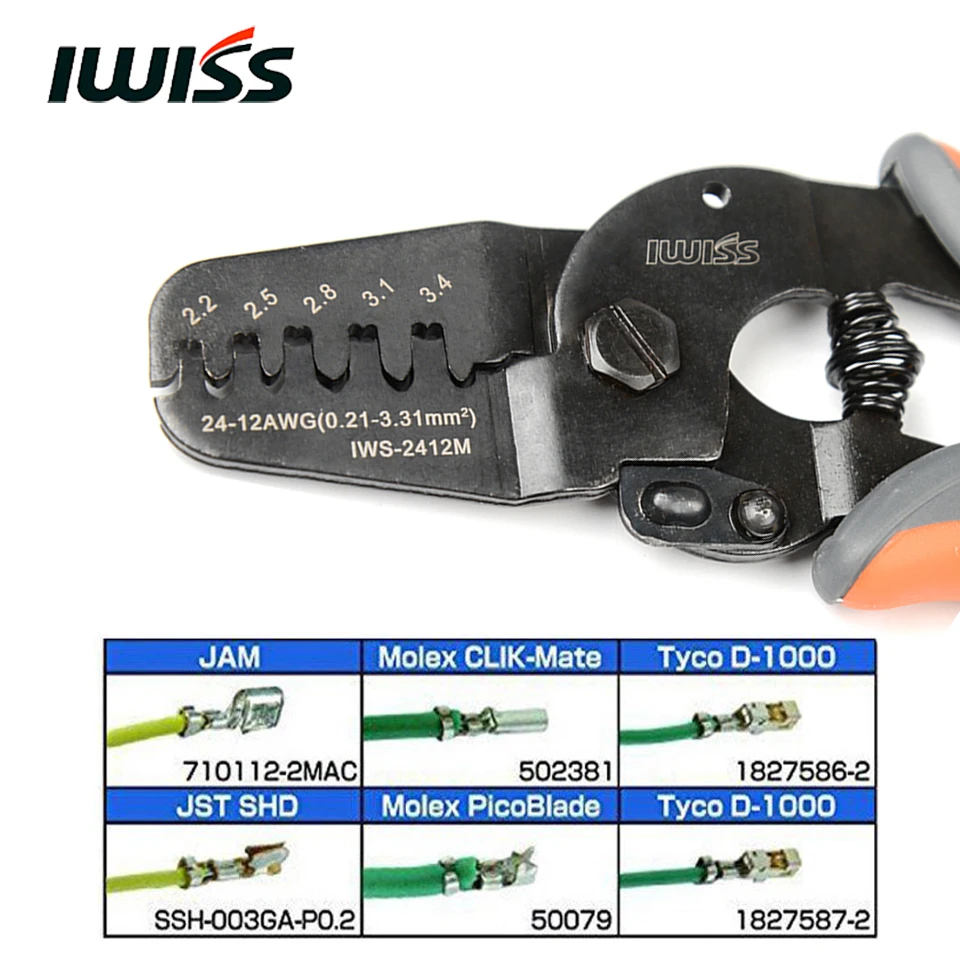 IWISS Mini Crimping Tools IWS 2412M Open Barrel Crimper Tool Works for AWG24 12 JAM, Molex, Tyco