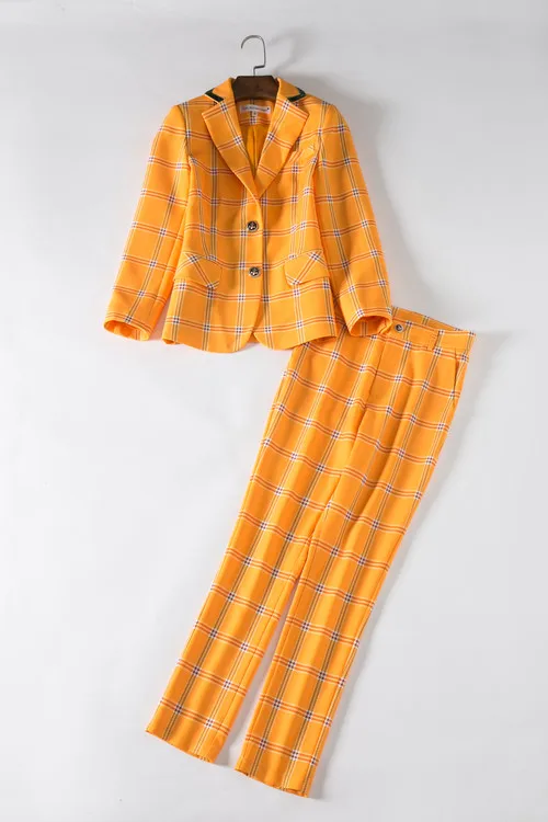 Deux Cheville Costumes Ol 2019 Printemps Lady Office Femmes Jaune Pantalon Unique Plaid Piste Nouveau Longueur Ensemble Pièces Marque Breatsed Blazer qqBXP8w