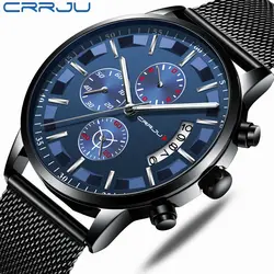 CRRJU Элитный бренд 2019 Новый Для Мужчин's повседневное спортивные изящные часы хронограф Дата Полный сталь сетки наручные часы синий