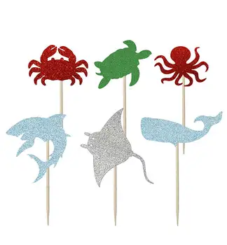 

Glitter Ocean Theme sharks Birthday Cupcake Toppers baby shower baptism wedding Party Decor