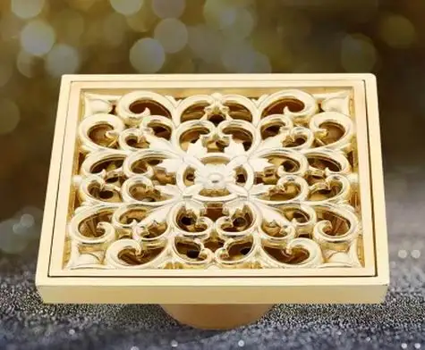 Cheap Free Shipping Bathroom Copper Deodorant Square Floor Drain 4 inches Gold Colour Strainer Cover Sink Grate Waste | Обустройство