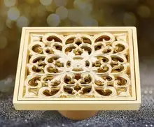 Cheap Free Shipping Bathroom Copper Deodorant Square Floor Drain 4 inches Gold Colour Strainer Cover Sink Grate Waste